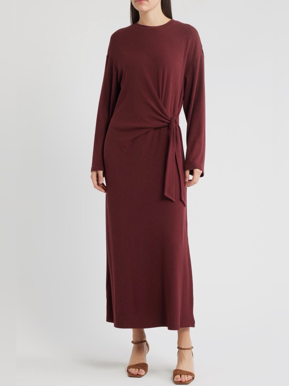 FRNCH Valeraine Long Sleeve Side Tie Maxi Dress in Burgundy NWOT